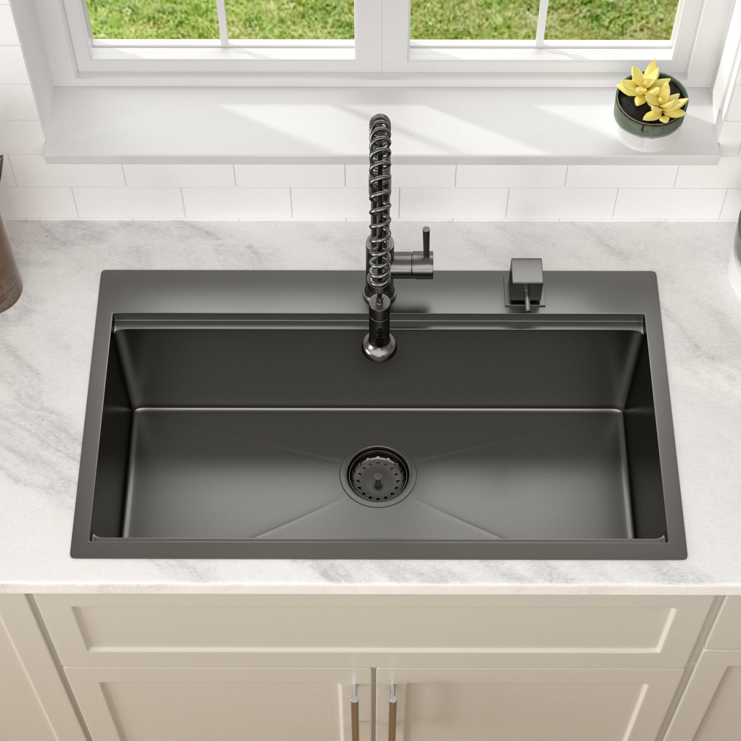 Dcolora 33x19 Black Kitchen Sink Drop In with Workstation Handed-Welding 16 Gauge 304 Stainless Steel Nano Coating Large Single Bowl Drop In Sink Top Mount 33¡±x19¡±x10¡± Matte Black,DC-TBW001