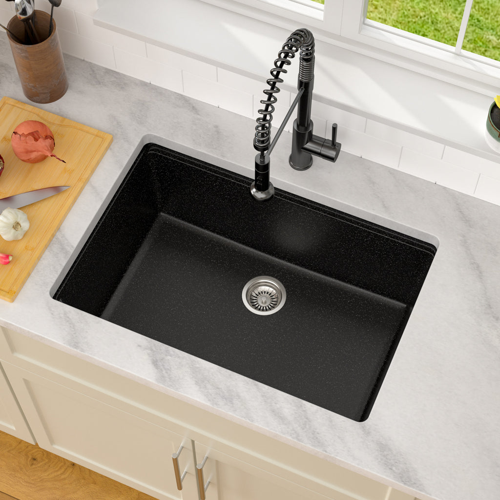 Dcolora 28'' Matte Black Undermount Kitchen Sink, Single Bowl Modern Workstation Granite Composite Basin, #DC-GU0004BS