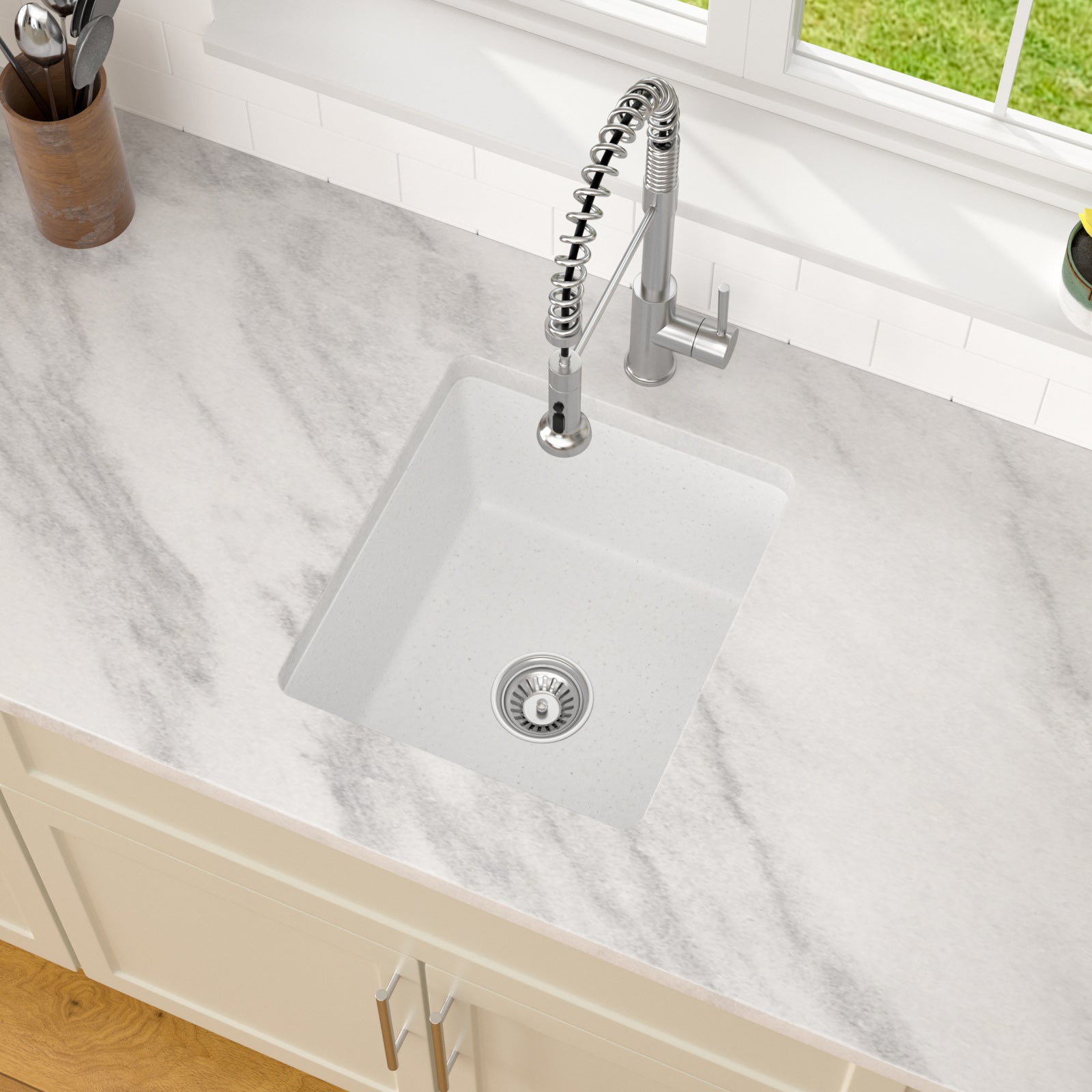 Dcolara 15 Inch White Undermount Wet Bar Sink Single Bowl Kitchen Sink Modern prep sink Granite Composite,DC-GUW001