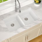 Dcolora 33''x19''x10'' White Undermount Double Bowl Kitchen Sink, 50/50 Split Granite Composite Deep Prep Basin, #DC-GU001W