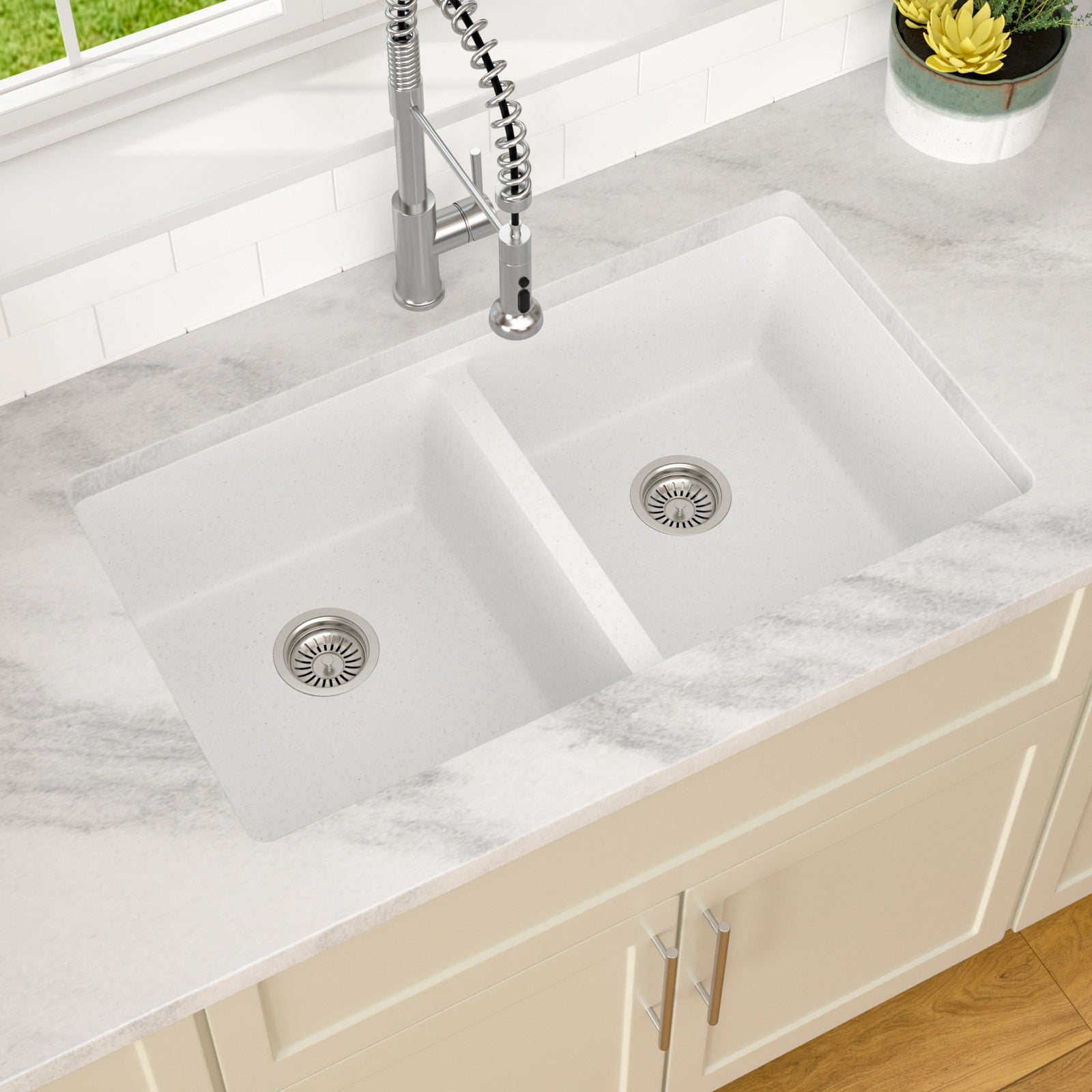 Dcolora 33 Inch Double Bowl Undermount Kitchen Sink White Deep Double Basin Prep Sink 50/50 Split Granite Composite 33"×19"×10“,#DC-GU001W