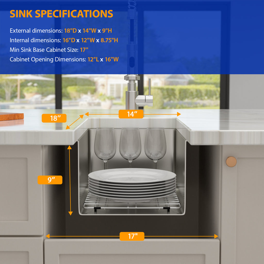 Dcolora 14 Inch Wet Bar Sink Undermount Small Kitchen Sink 16 Gauge Stainless Steel Prep Sink Single Bowl,14''x18''x9'' Rounded Corner, DC-U7718