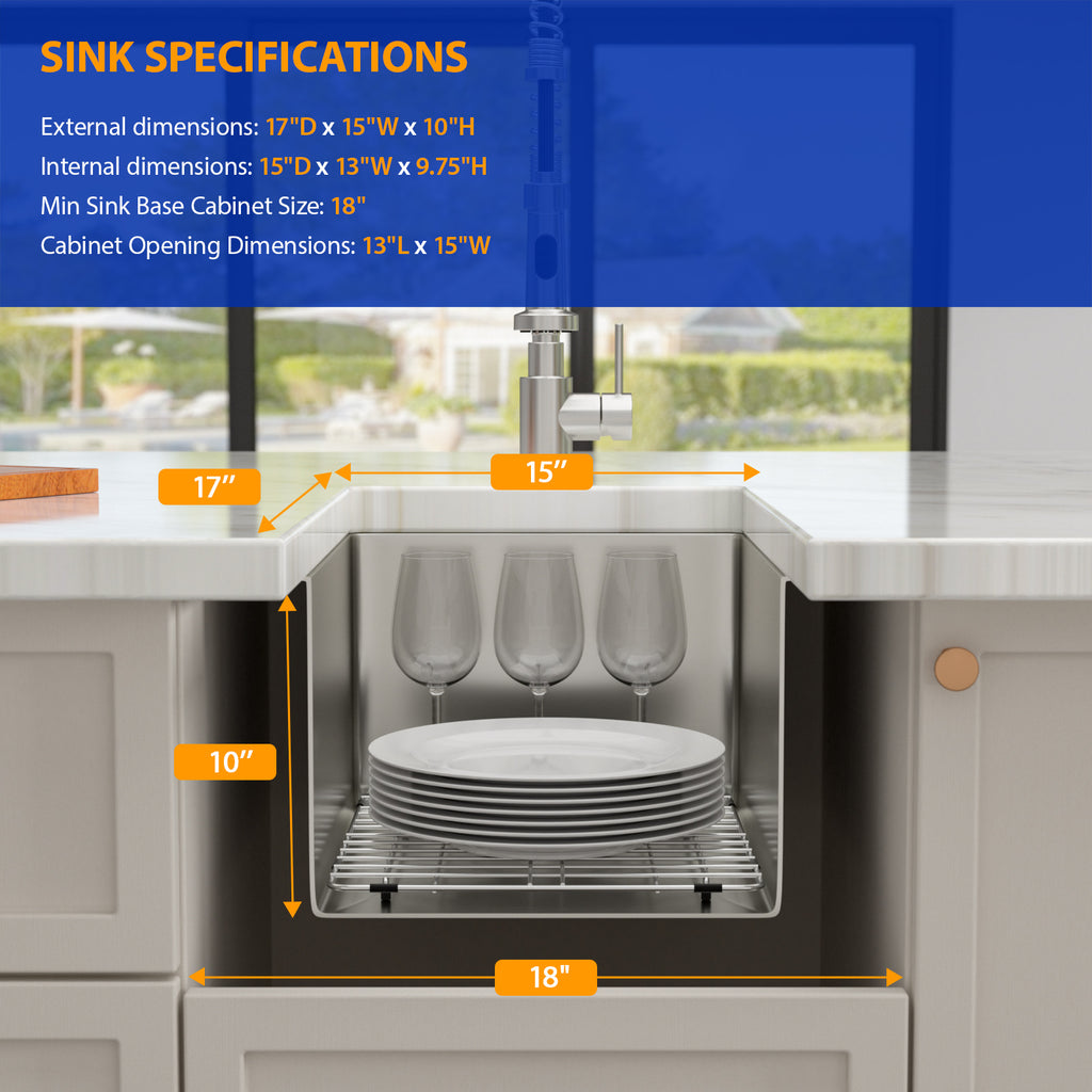Dcolora 15''x17''x10'' Undermount Wet Bar Sink, 16 Gauge Stainless Steel Single Bowl Small Kitchen Prep Basin, Rounded Corner