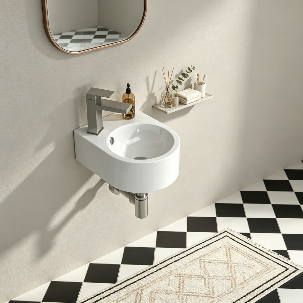 Dcolora 13'' x 10'' Wall Mounted Bathroom Sink - Circular White Ceramic Floating Basin with Faucet Hole