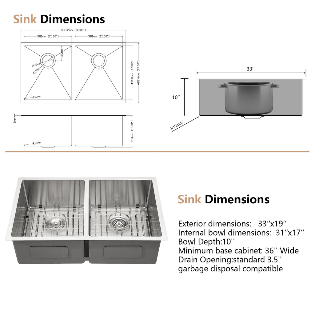 Dcolora 33''x19''x10'' Undermount Double Bowl Kitchen Sink, 16 Gauge 304 Stainless Steel 50/50 Split Large Basin, Round Corner