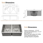 Dcolora 33''x19''x10'' Undermount Double Bowl Kitchen Sink, 16 Gauge 304 Stainless Steel 50/50 Split Large Basin, Round Corner