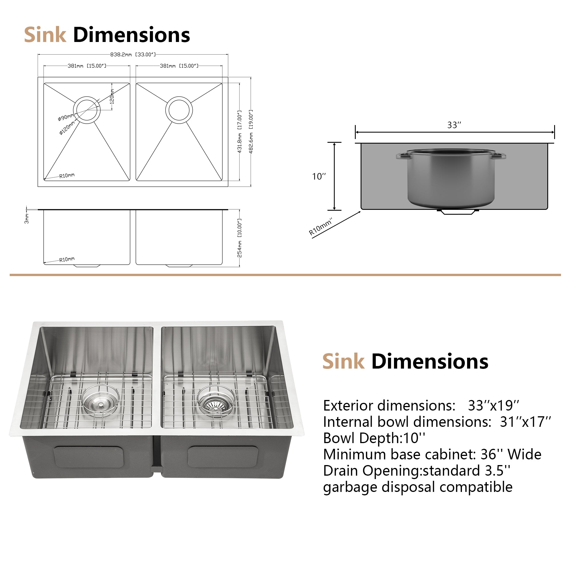 Dcolora 33 Inch Undermount Double Bowl Kitchen Sink 50/50 Split 16 Gauge 304 Stainless Steel Large Double Sinks, 33"x19"x10 Rounder Corner, DC-U7731