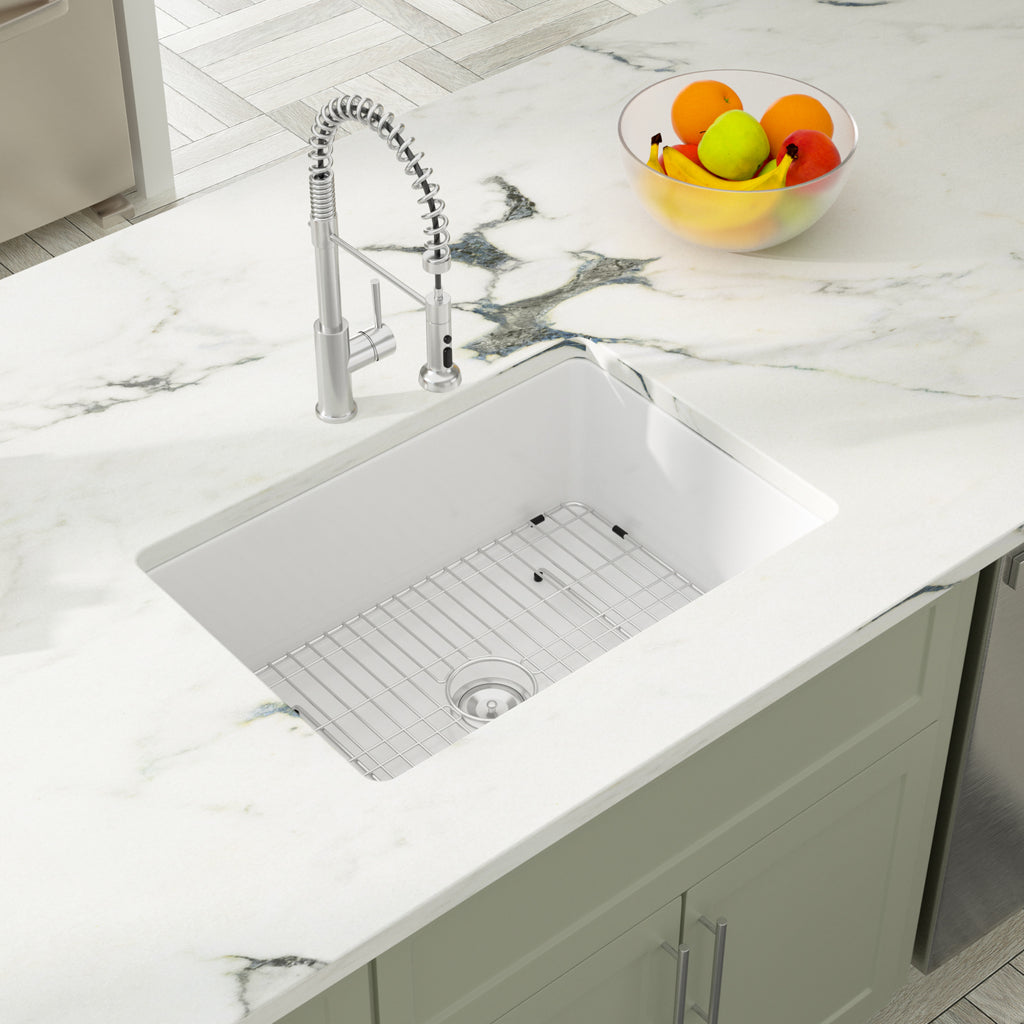 Dcolora 27''x19''x10'' White Undermount Kitchen Sink, Handmade Ceramic Fireclay Deep Single Bowl Dual Mount Basin, Round Corner