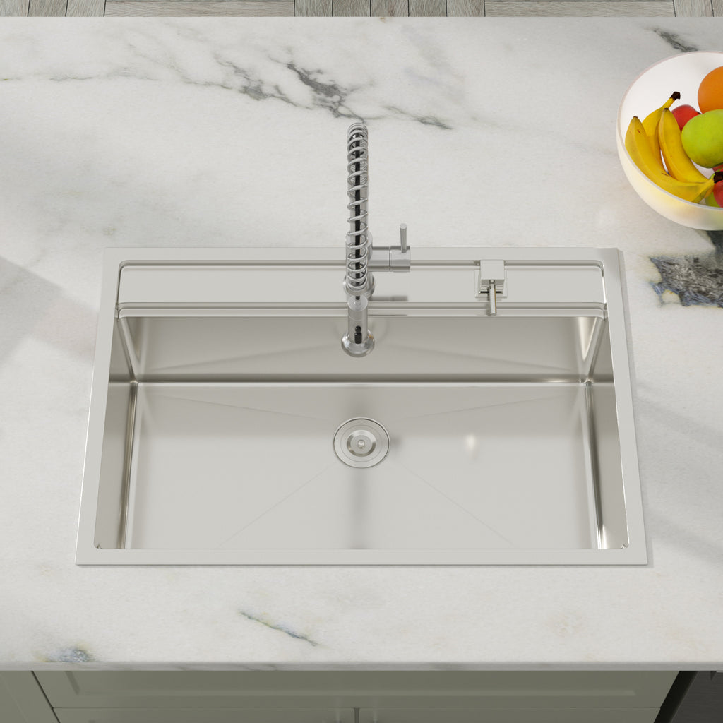 Dcolora 33''x22''x10'' Drop-In Kitchen Sink with Splash Guard, 16 Gauge Stainless Steel Single Bowl Topmount Workstation Basin, Round Corner