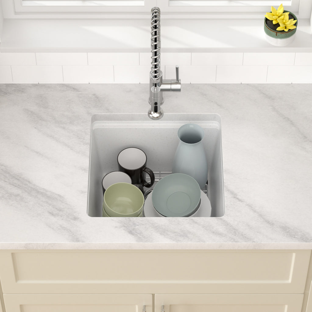 Dcolora 18'' White Undermount Wet Bar Sink, Single Bowl Small Kitchen Granite Composite Sink with Workstation, #DC-GU0001WS