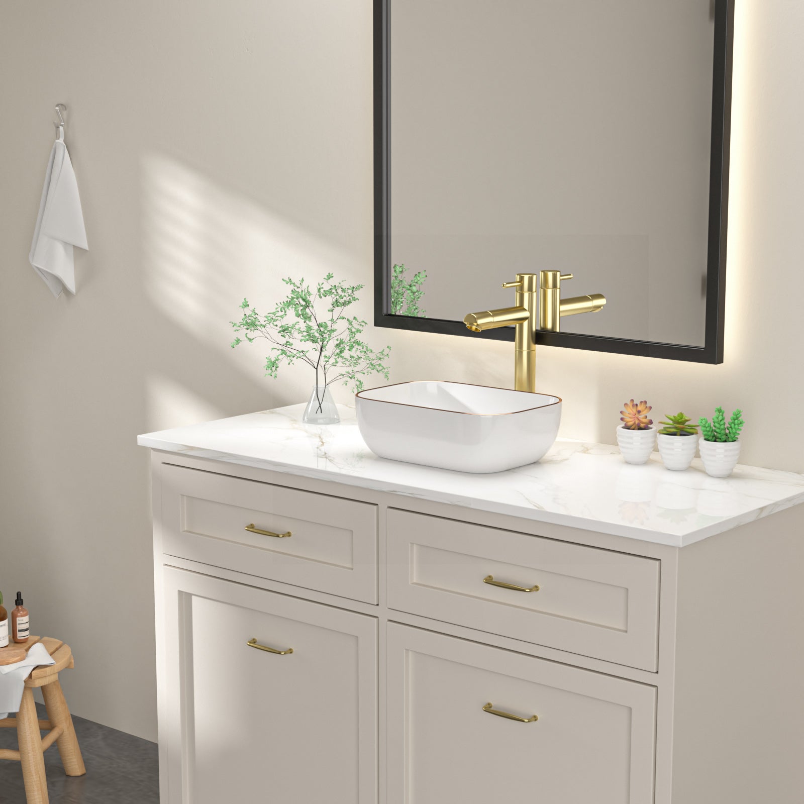 Dcolora Small Vessel Sink 14.5” x 10” Rectangular White Vessel Bathroom Sink With Gold Lip Ceramic Porcelain Above Counter Small Vanity Basin Wash Bowl Sink,DC-VS0003