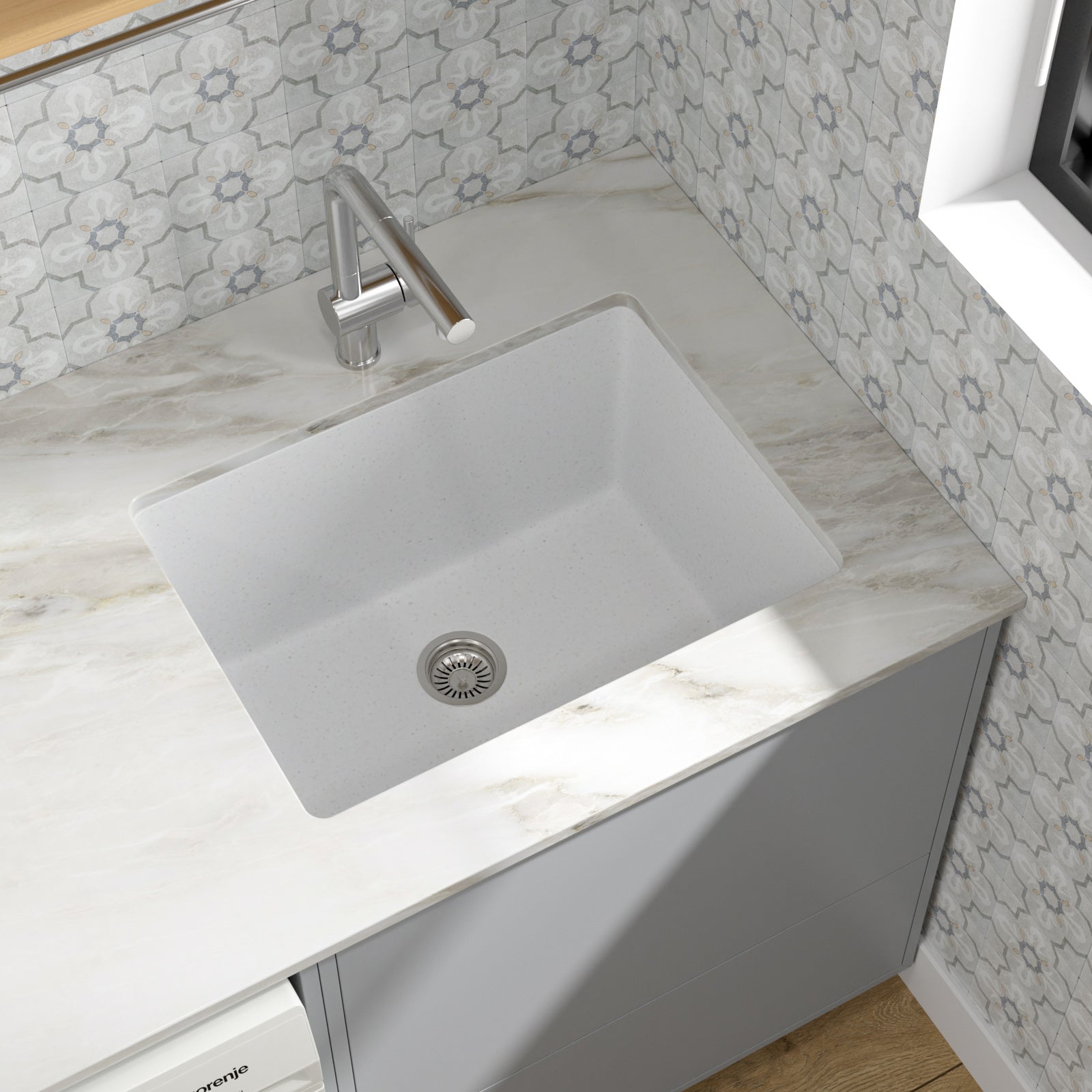 Dcolora 24 Inch White Undermount Deep Laundry Sink Single Bowl Laundry Utility Room Sink Granite Composite,#DC-0002GWL