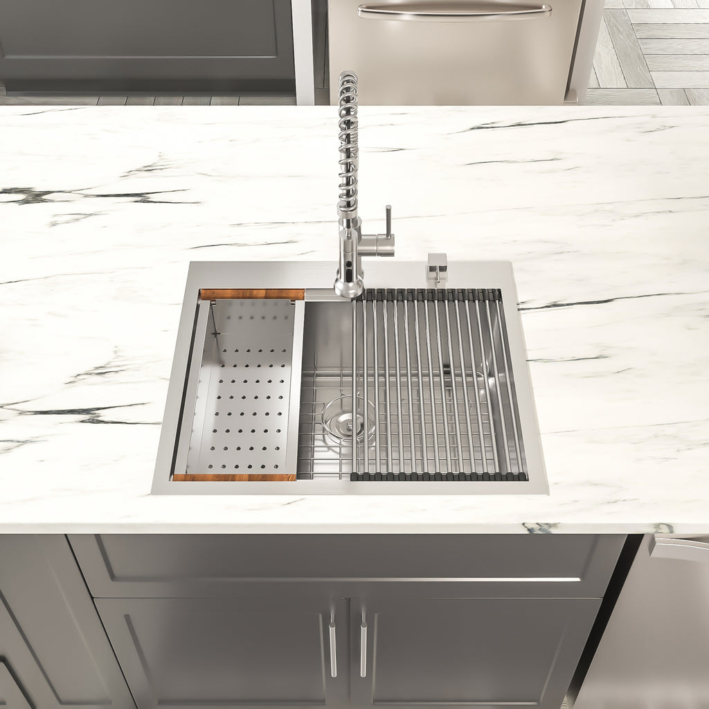 Dcolora 25''x22''x10'' Drop-In Kitchen Sink, 16 Gauge 304 Stainless Steel Single Bowl Topmount Workstation Basin, Round Corner