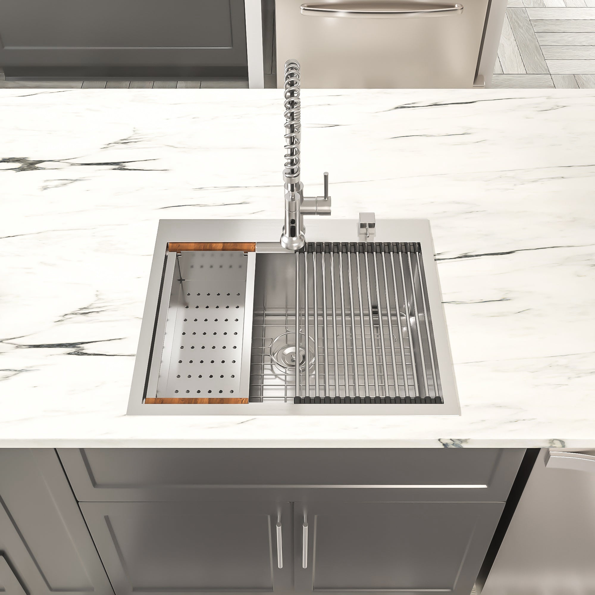 Dcolora 25x22 Inch Drop In Kitchen Sink Workstation 16 Gauge 304 Stainless Steel Single Bowl Top Mount Sink, Rounder Corner 25"x22"x10", DC-T7753