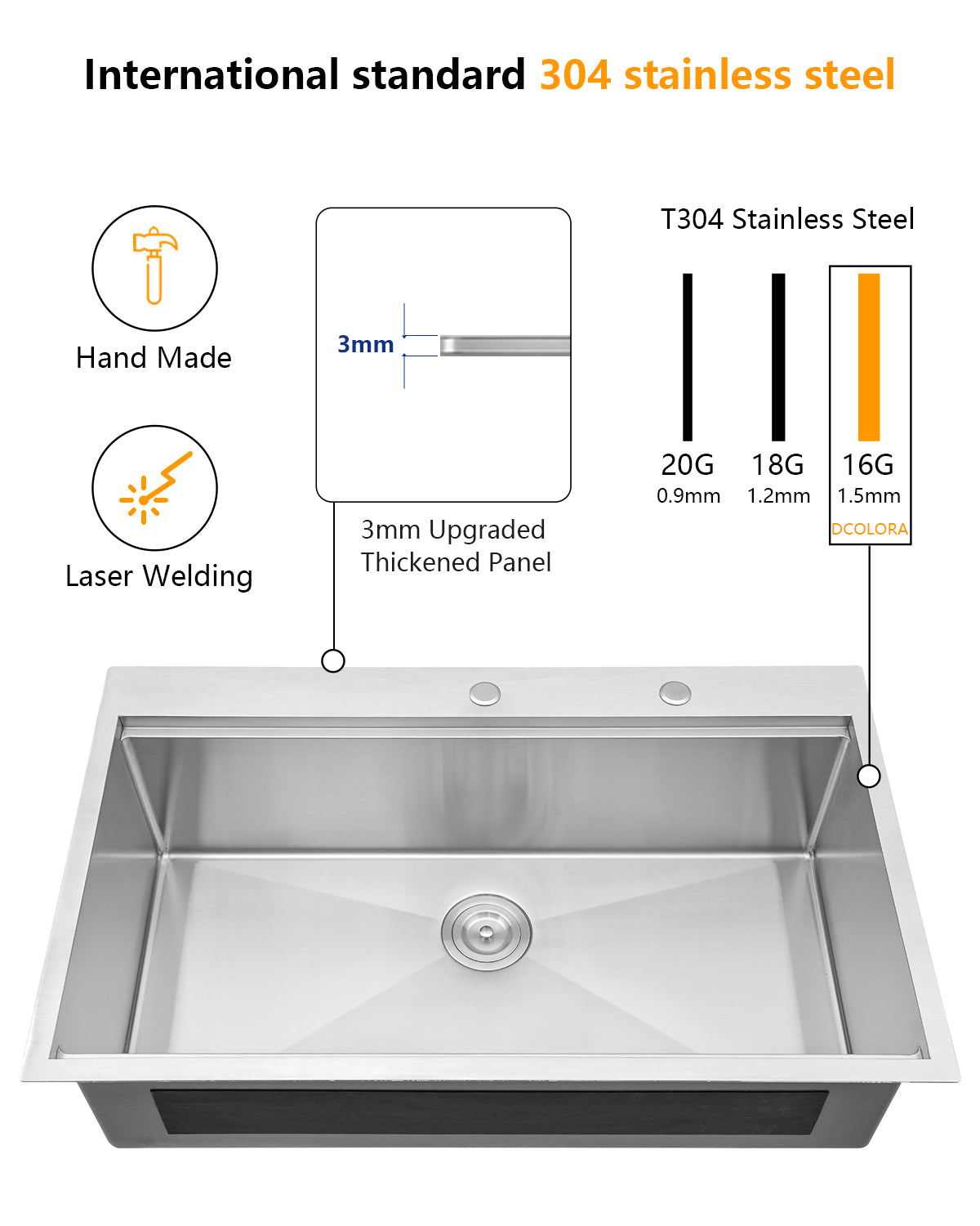 Dcolora 36 Kitchen Sink Drop In Extra Large Kitchen Sink with Ledge Workstation 16 Gauge Stainless Steeel Topmount Sinks Single Bowl, Round Corner, 36"x22"x10" DC-T7759