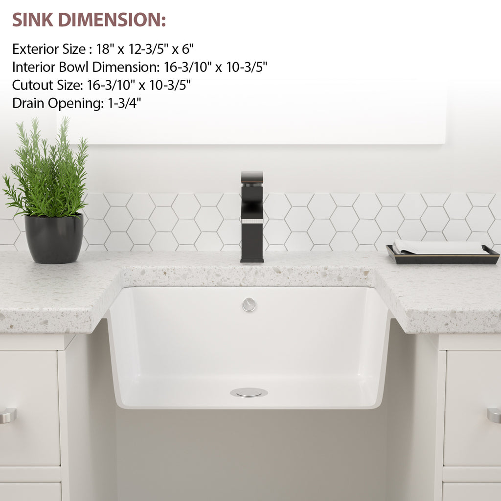 Dcolora 16''x10'' White Ceramic Rectangular Undermount Bathroom Sink, Vanity Basin with Overflow