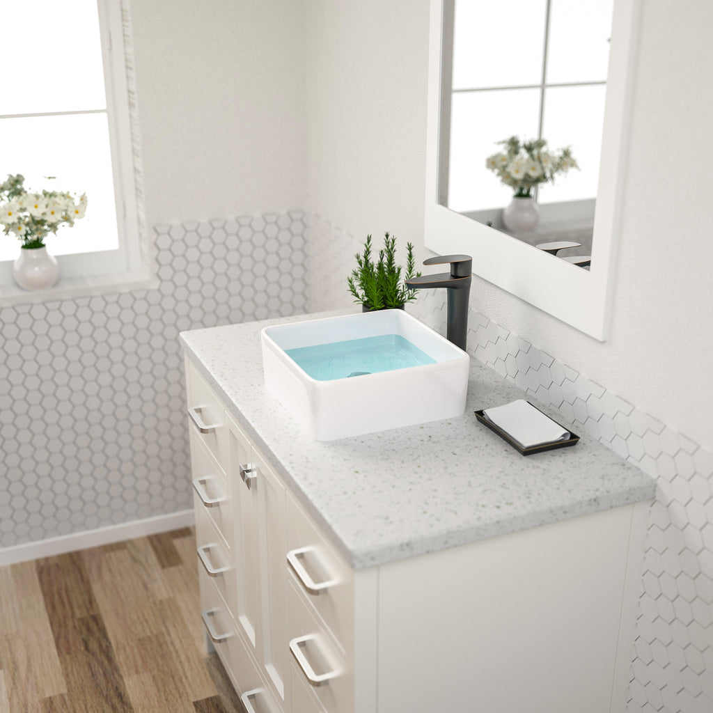 Dcolora 15''x15'' White Square Vessel Sink, Ceramic Porcelain Above Counter Bathroom Vanity Basin