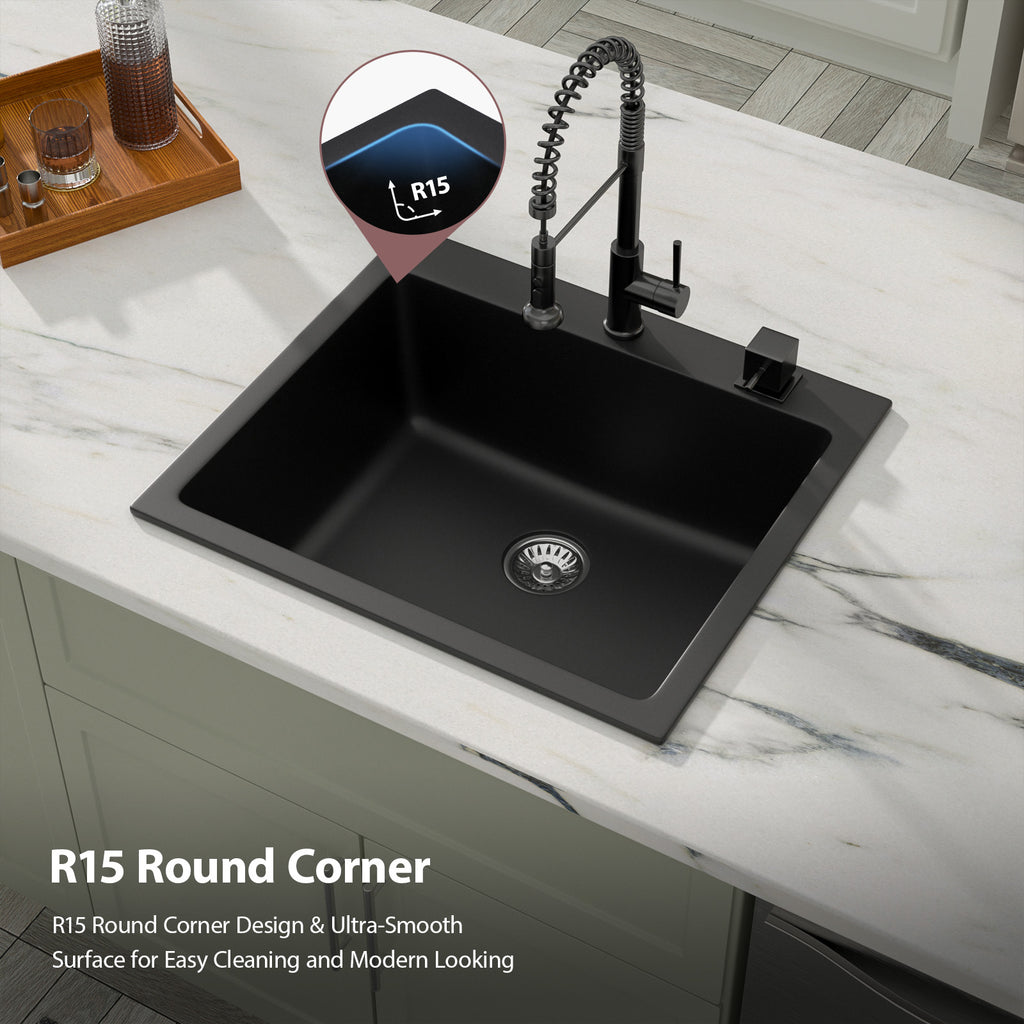 Dcolora 25''x22'' Black Quartz Drop-In Wet Bar Sink, Topmount Deep Single Bowl Prep Kitchen Basin, Round Corner