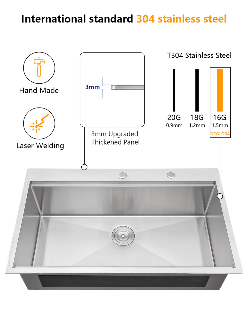 Dcolora 36''x22''x10'' Large Drop-In Kitchen Sink, 16 Gauge Stainless Steel Deep Single Bowl Topmount Basin, Round Corner