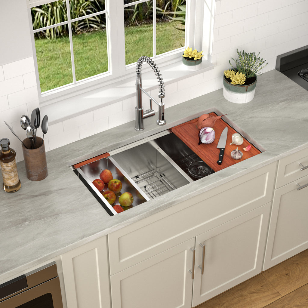 Dcolora 36''x19''x10'' Undermount Large Double Bowl Kitchen Sink, 16 Gauge Stainless Steel 60/40 Low Divide Split with Workstation