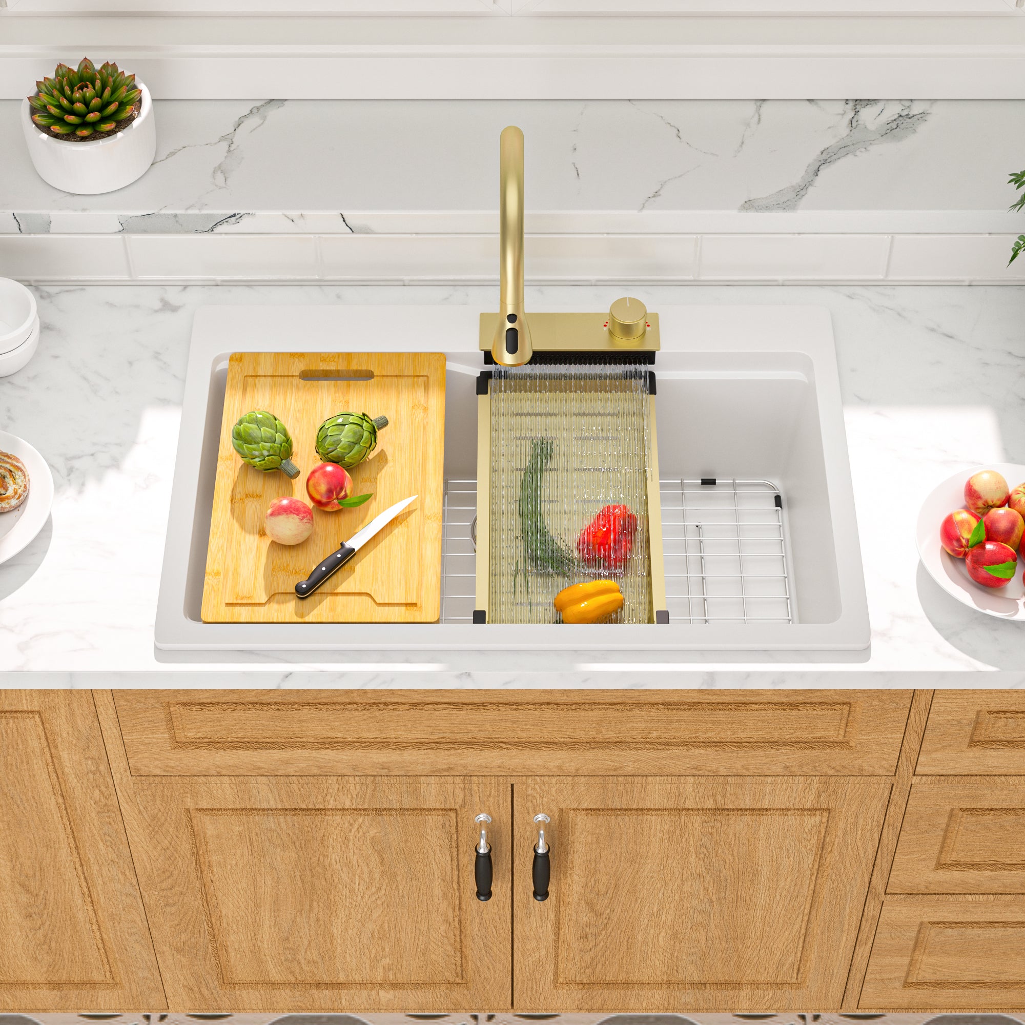 Dcolora 33x22 Waterfall Smart Kitchen Sink Workstation White Drop In Single Bowl Multifunctional Sink With Faucet