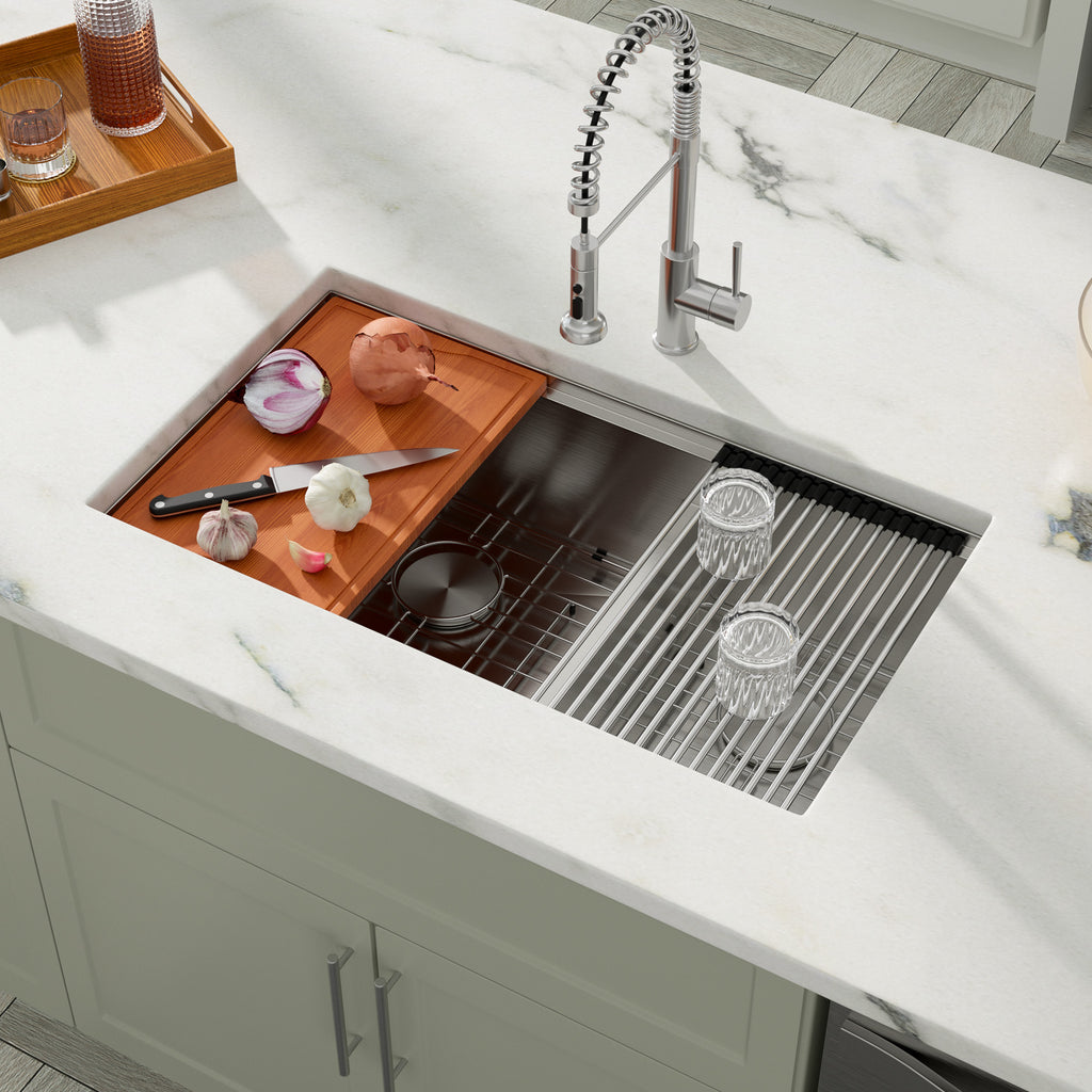 Dcolora 33''x19''x10'' Undermount Double Bowl Kitchen Sink Workstation, 16 Gauge Stainless Steel 60/40 Split Basin