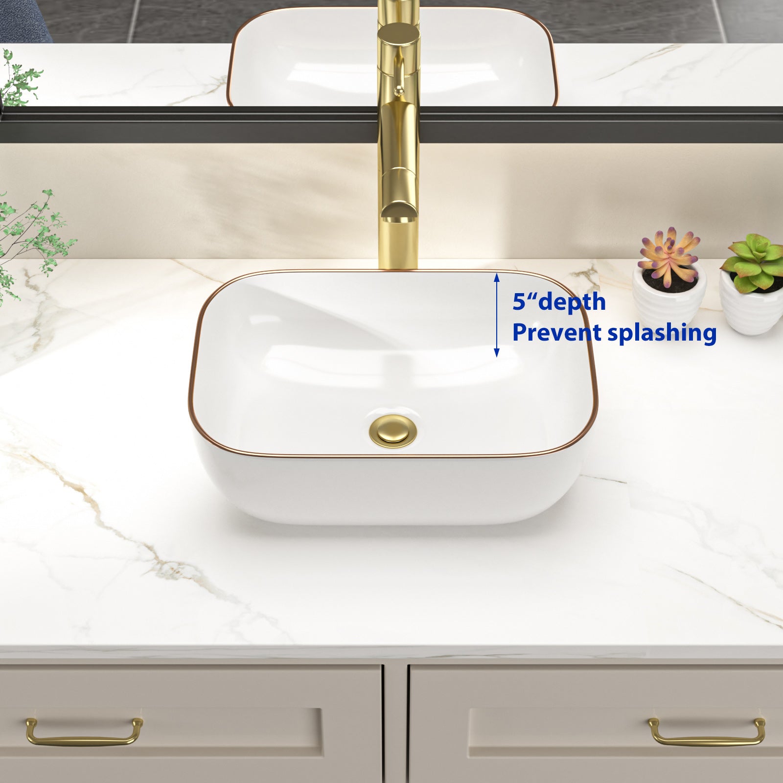 Dcolora Small Vessel Sink 14.5” x 10” Rectangular White Vessel Bathroom Sink With Gold Lip Ceramic Porcelain Above Counter Small Vanity Basin Wash Bowl Sink,DC-VS0003
