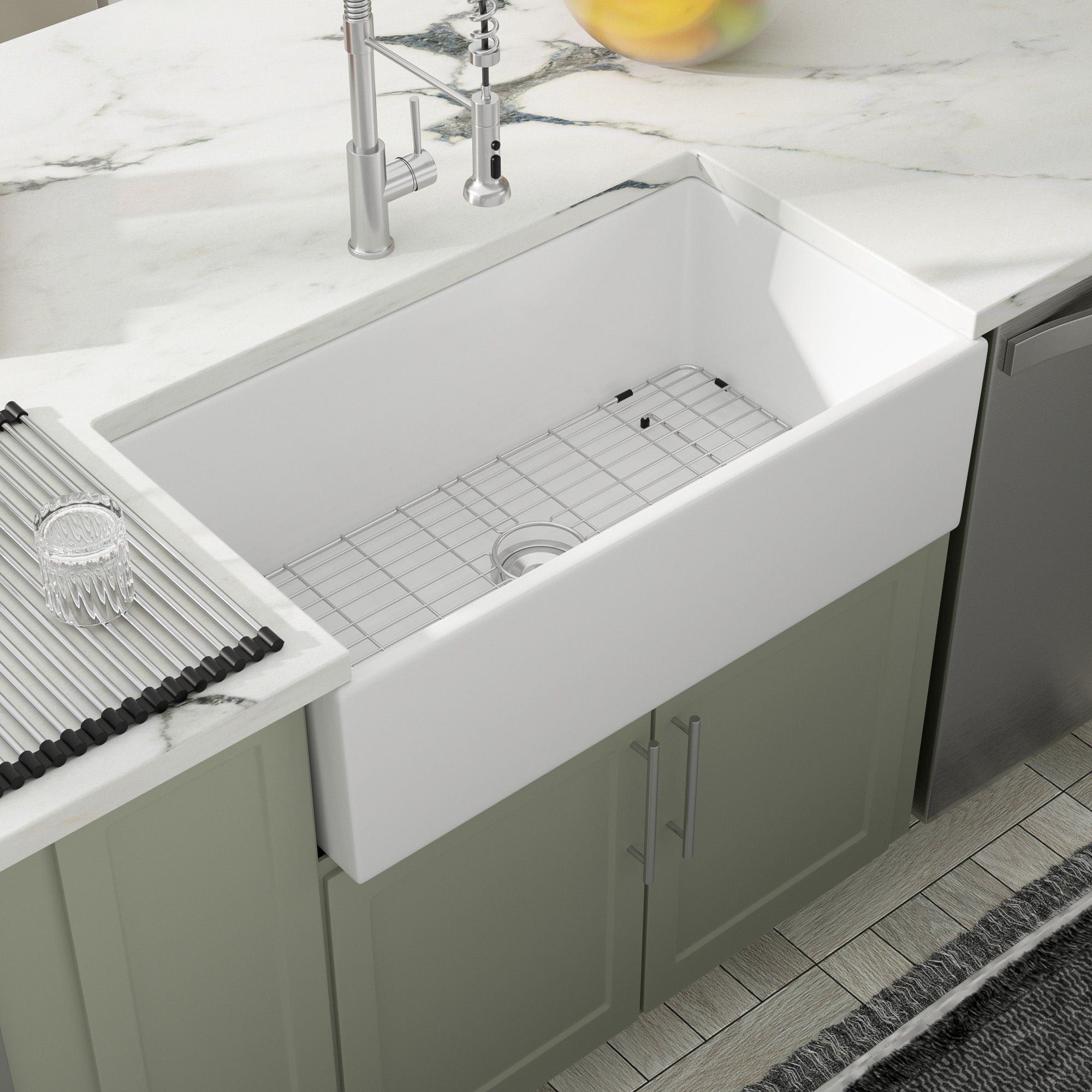 Dcolora 33 Inch Farmhouse Sink 33 Inch White, Apron Front Kitchen Sink White Fireclay Ceramic Porcelain Single Bowl Farm Kitchen Sink Basin DC-A7763