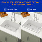 Dcolora 27''x19''x10'' White Undermount Kitchen Sink, Handmade Ceramic Fireclay Deep Single Bowl Dual Mount Basin, Round Corner