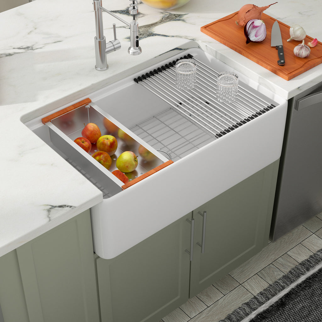 Dcolora 33''x20''x10'' White Farmhouse Sink Workstation, Fireclay Porcelain Flat Apron Front Ceramic Single Bowl Kitchen Basin
