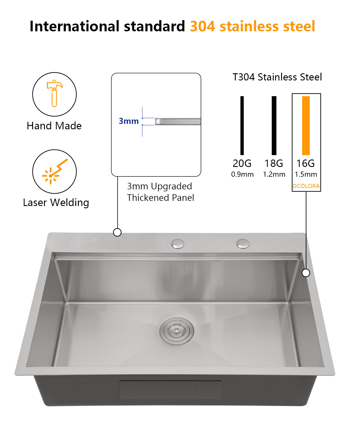 Dcolora 30x22 Inch Drop In Kitchen Sink Workstation16 Gauge Stainless Steel Sinks Single Bowl Topmount, Round Corner 30"x22"x10, DC-T7745