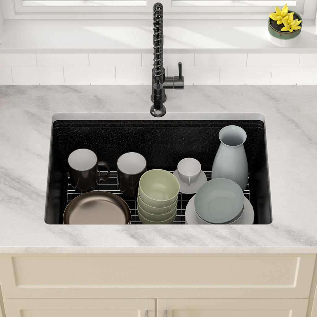 Dcolora 28'' Matte Black Undermount Kitchen Sink, Single Bowl Modern Workstation Granite Composite Basin, #DC-GU0004BS