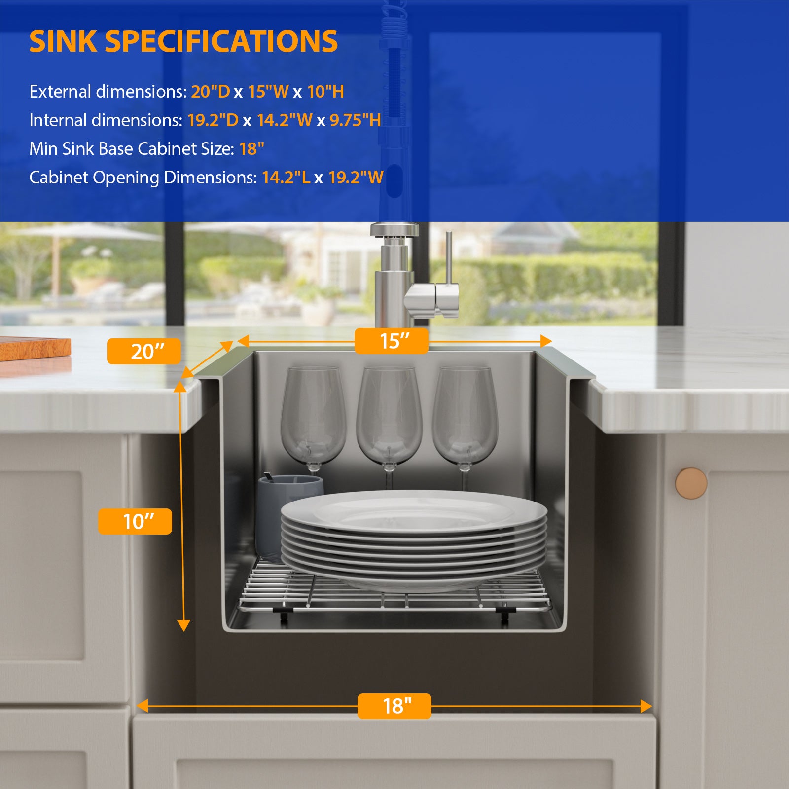 Dcolora 15x20 Drop In Wet Bar Sink 16 Gauge Stainless Steel Topmount Prep Sink Single Bowl Kitchen Sink Top Above Counter RV Camper Utility Basin, Round Corner 15"x20"x10" DC-T7746