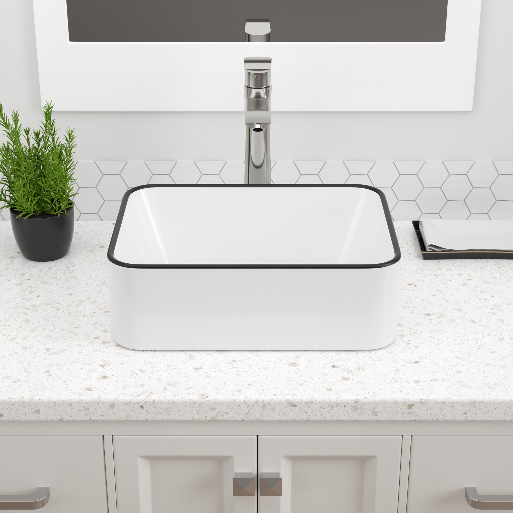 Vessel Sink Rectangular, Dcolora 16"x12" White Vessel Sink with Black Rim Ceramic Porcelain Rectangle Bathroom Vessel Sink Above Counter Vanity Sink Basin