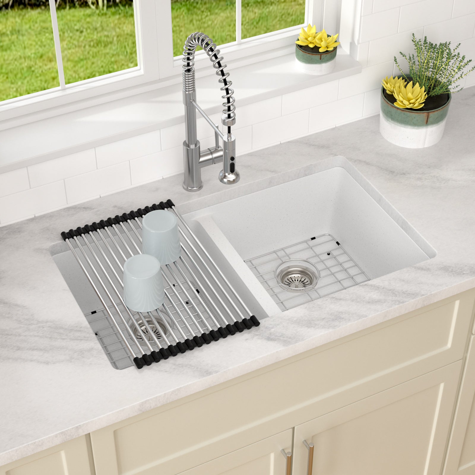 Dcolora 33 Inch Double Bowl Undermount Kitchen Sink White Deep Double Basin Prep Sink 50/50 Split Granite Composite 33"×19"×10“,#DC-GU001W