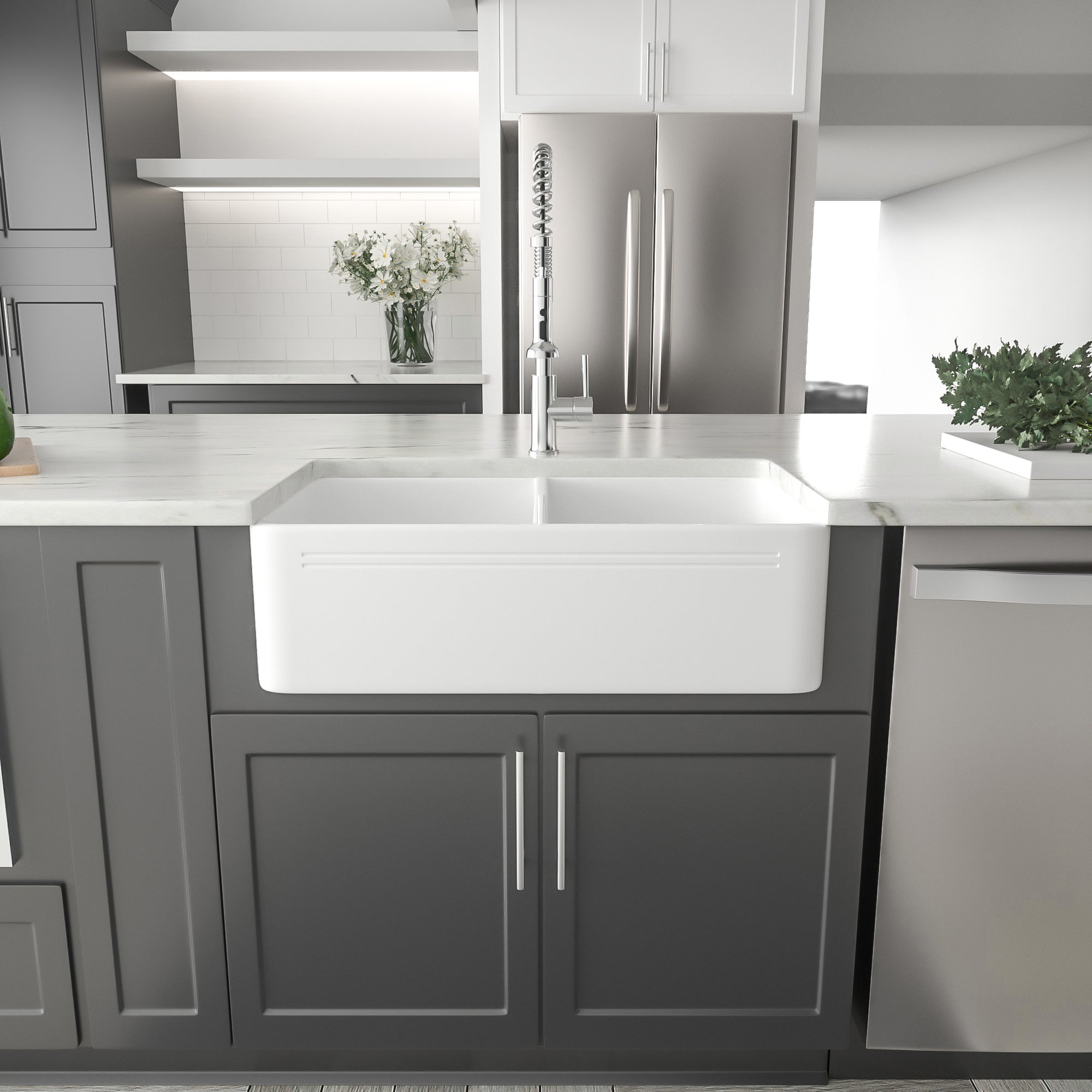 Dcolora 33 Inch Farmhouse Sink Double Bowl 50/50 Farm White Kitchen Sink Double Basin Apron Front White Fireclay Ceramic Porcelain Reversible DC-A7757