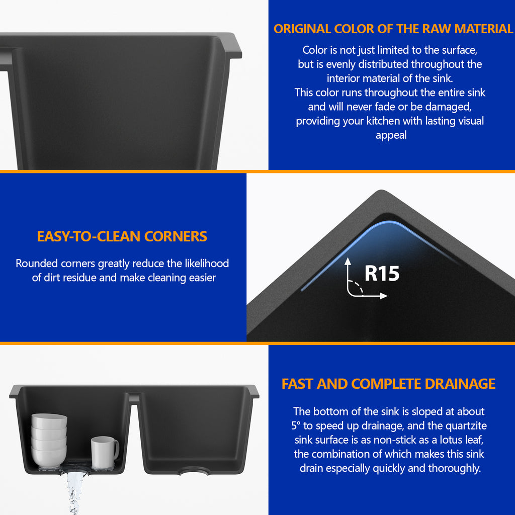 Dcolora 33'' Quartz Matte Black Granite Composite Kitchen Sink, Undermount Double Bowl Deep 50/50 Split Basin