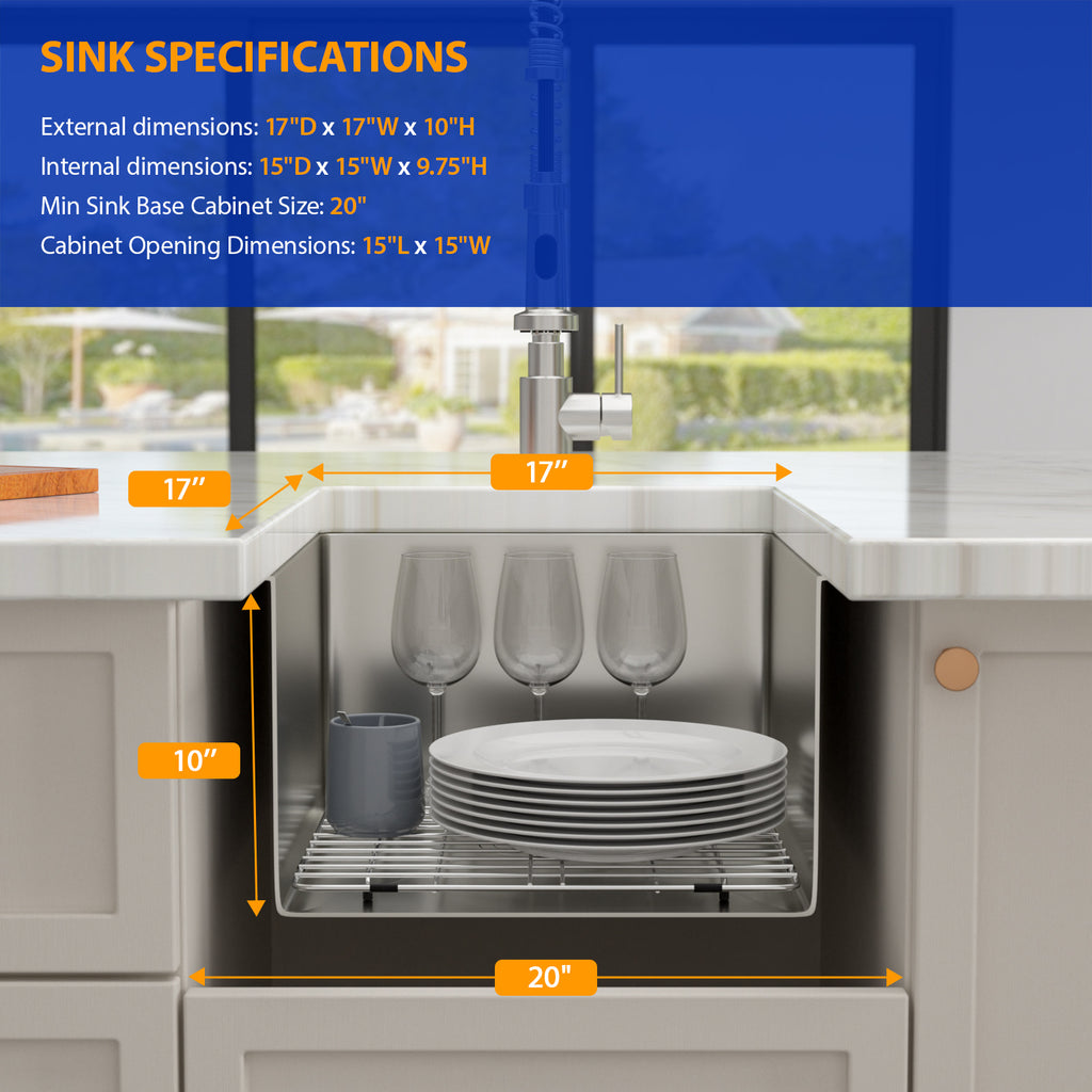 Dcolora 17''x17'' Square Undermount Wet Bar Sink, 16 Gauge Stainless Steel Single Bowl Small Kitchen Prep Basin
