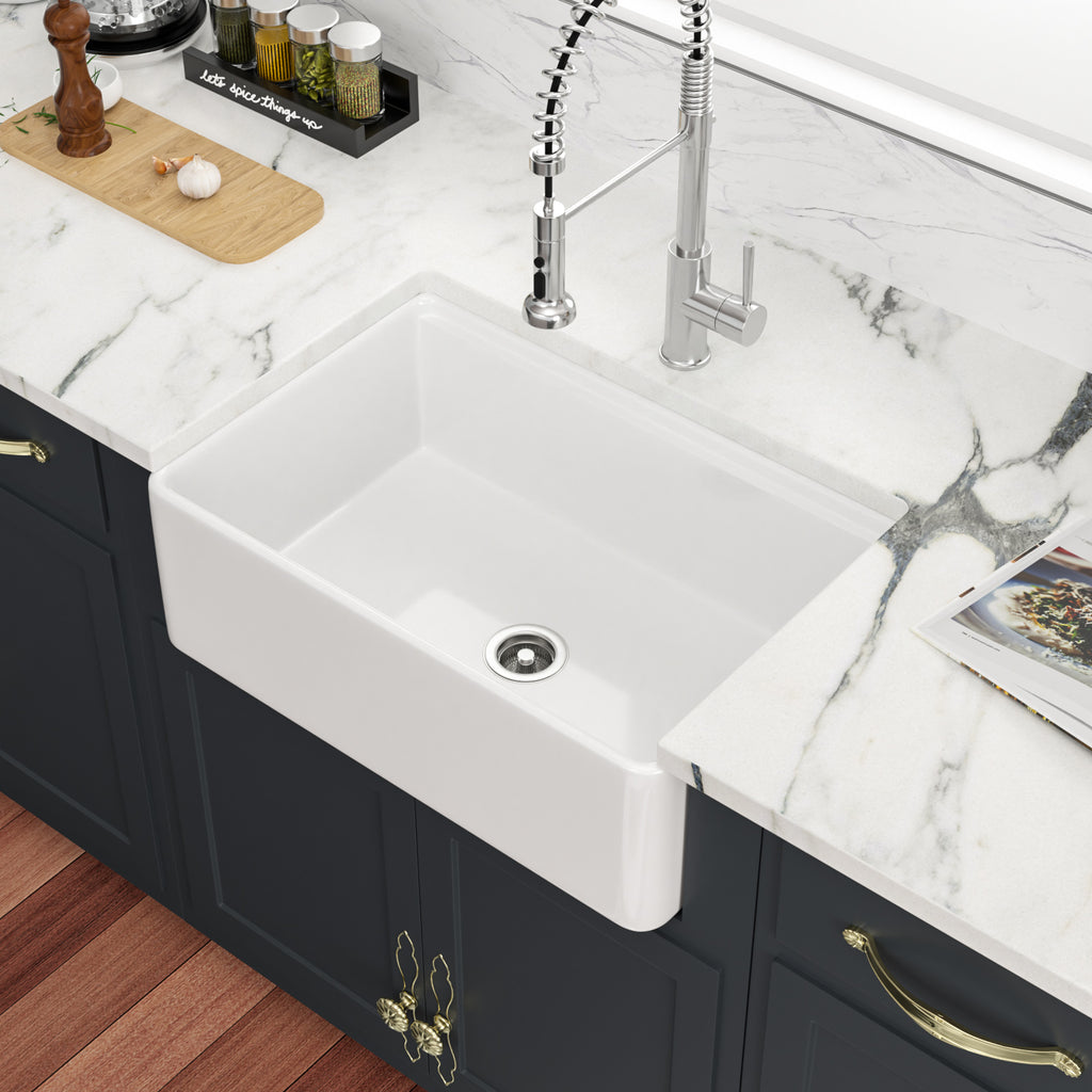 Dcolora 33" White Fireclay Workstation Farmhouse Apron Front Kitchen Sink Complete Accessory Kit