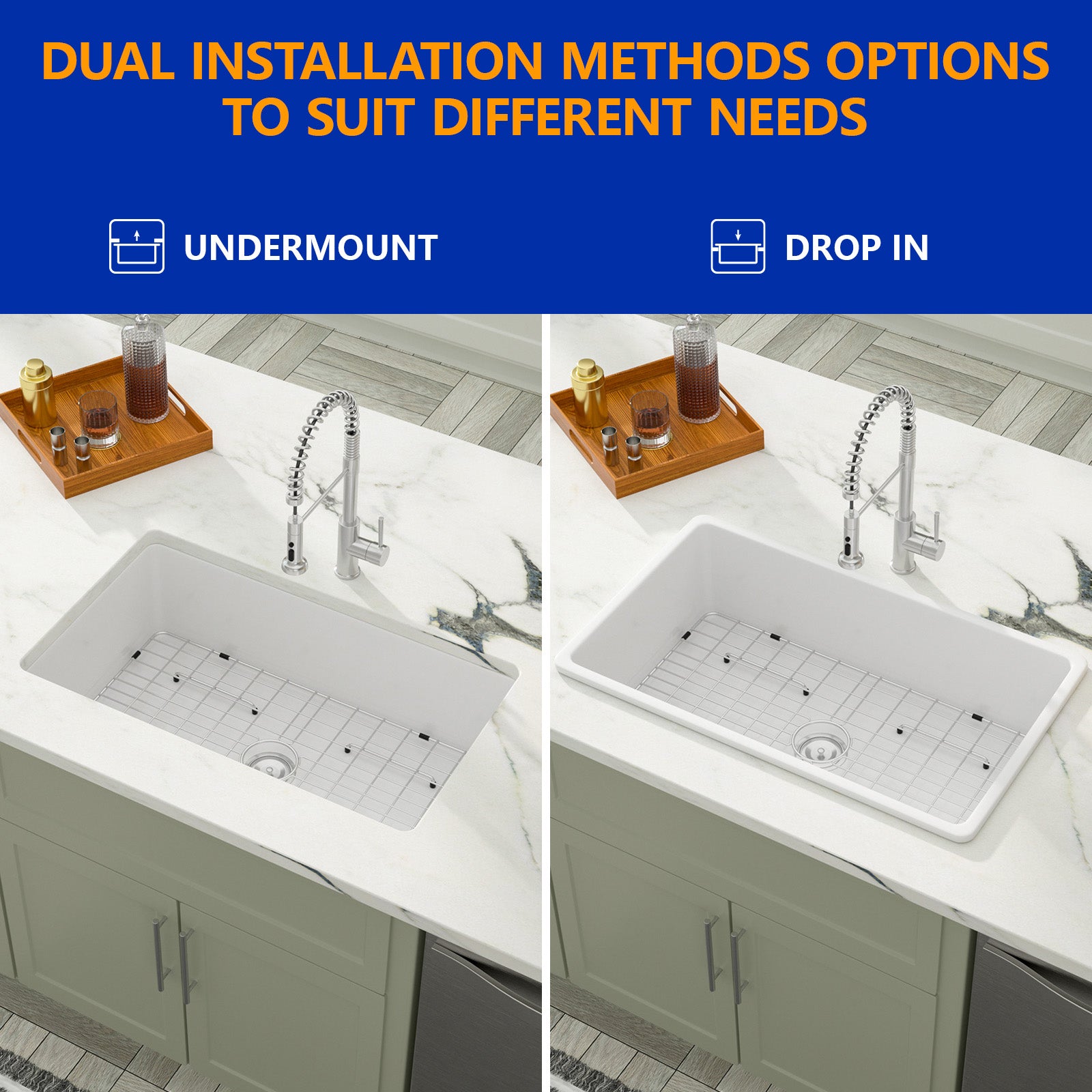 Dcolora 32''x19'' White Undermount Kitchen Sink, Large Single Bowl Dual Mount White Ceramic Porcelain Fireclay Basin