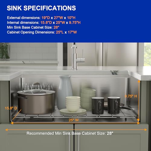 Dcolora 27 Inch Undermount Kitchen Sink Workstation 16 Gauge 304 Stainless Steel Large Single Bowl Under Counter Sinks, Round Corner 27"x19"x10", DC-U7703