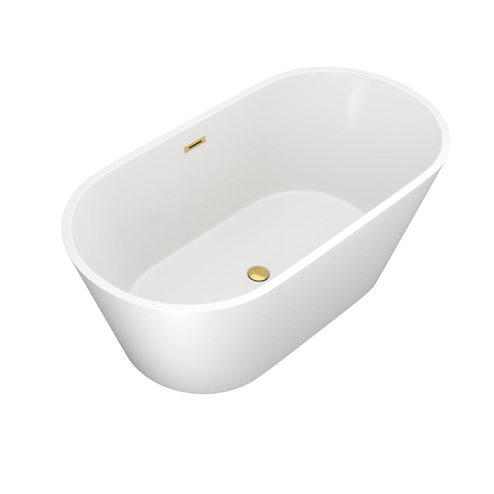59-Inch White Acrylic Freestanding Soaking Bathtub with Brushed Gold Drain