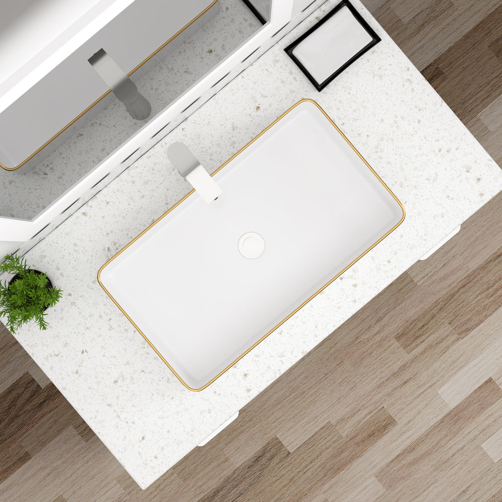 Dcolora 24''x14'' White Rectangular Vessel Sink with Gold Rim, Ceramic Porcelain Above Counter Bathroom Vanity Basin