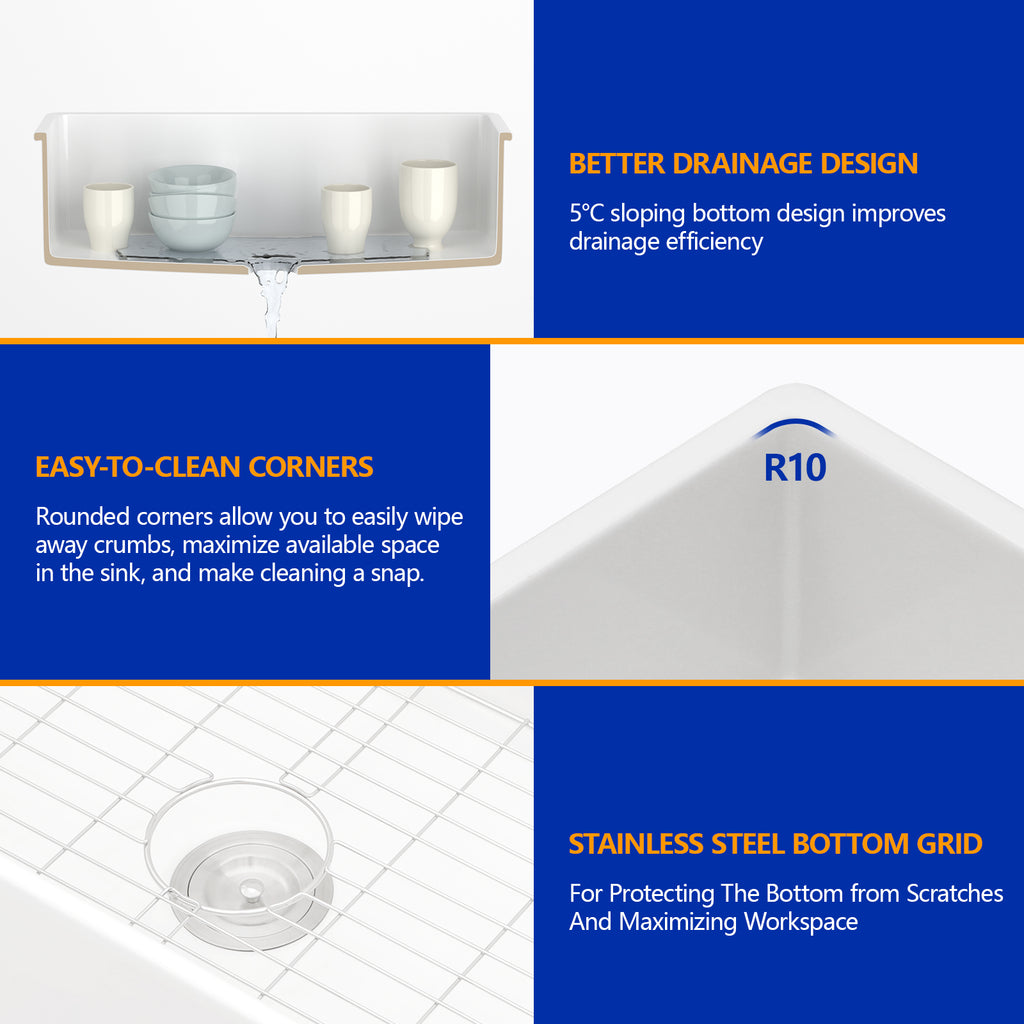 Dcolora 32''x19'' White Undermount Kitchen Sink, Large Single Bowl Dual Mount White Ceramic Porcelain Fireclay Basin