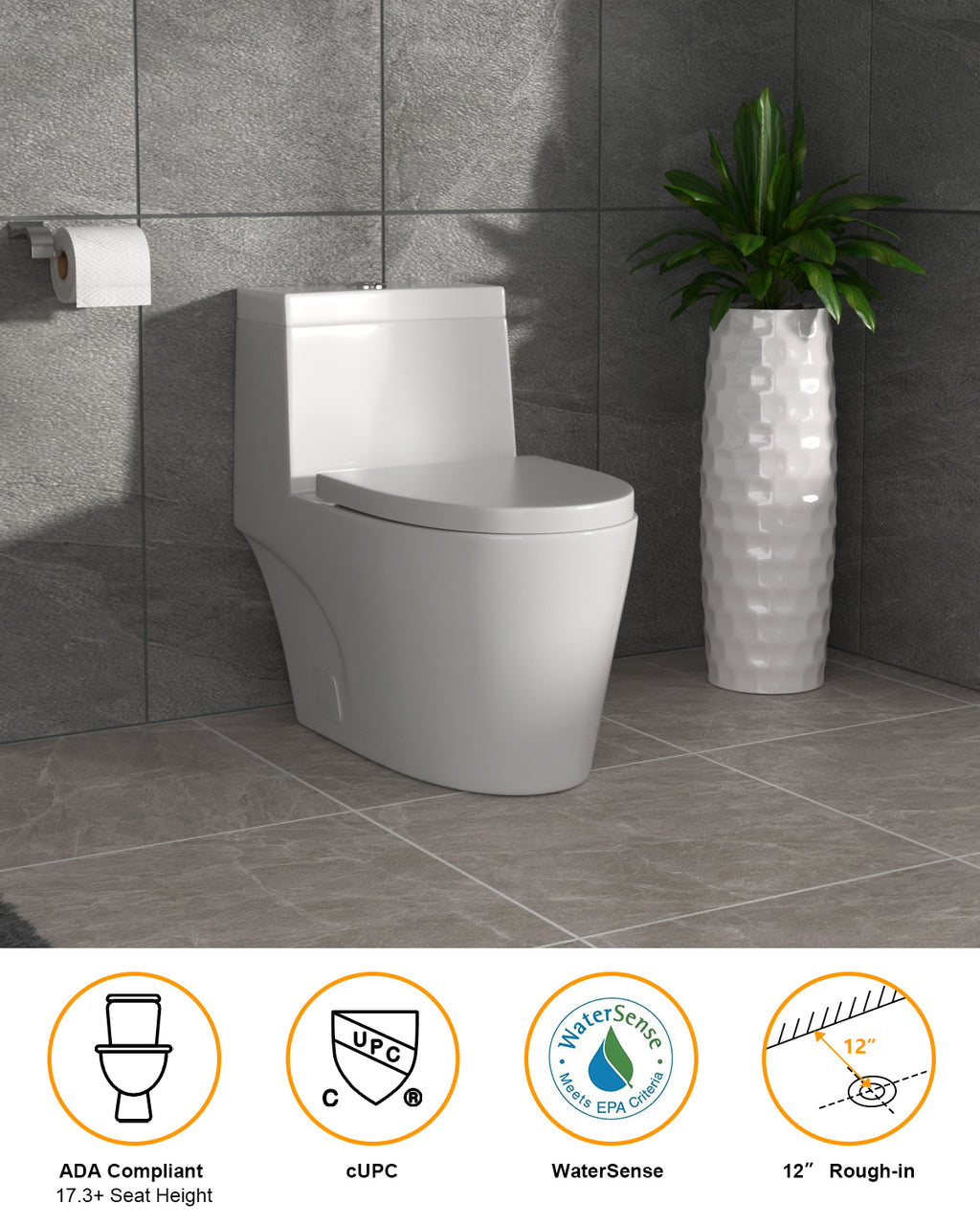 Dcolora Modern Elongated One Piece Toilet, 1.1/1.6 GPF Dual Flush, Soft Close Seat, 12'' Rough-In, Ivory White