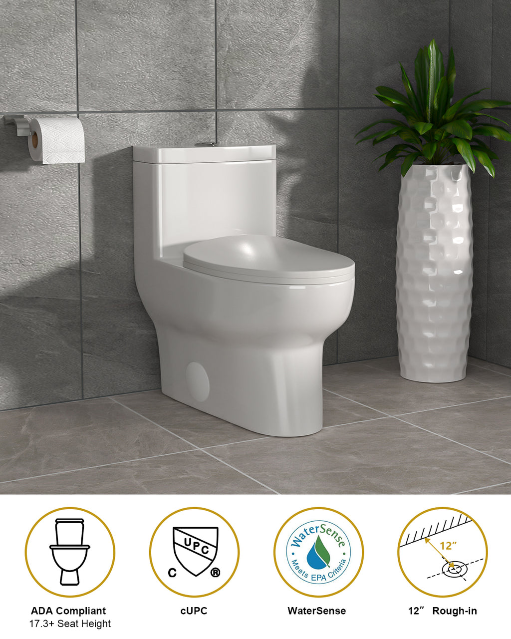 Dcolora One Piece Toilet, 1.1/1.6 GPF Dual Flush Siphonic, Comfort Height White Ceramic, 12'' Rough-In