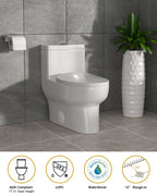 Dcolora One Piece Toilet, 1.1/1.6 GPF Dual Flush Siphonic, Comfort Height White Ceramic, 12'' Rough-In