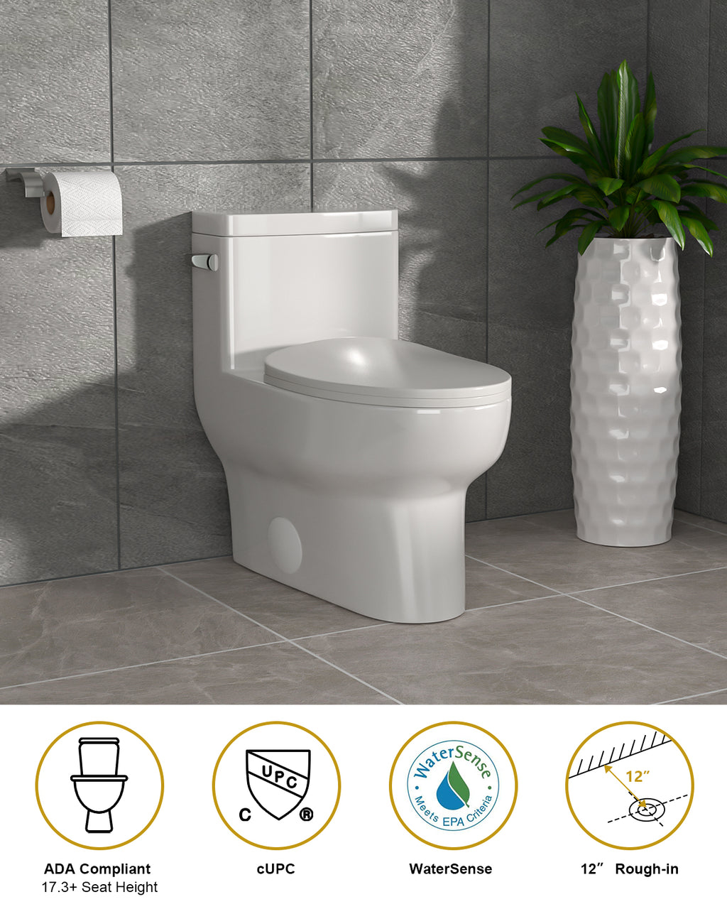 Dcolora One Piece Elongated Toilet, 1.28 GPF Single Flush Siphonic, Comfort Height White Ceramic, 12'' Rough-In