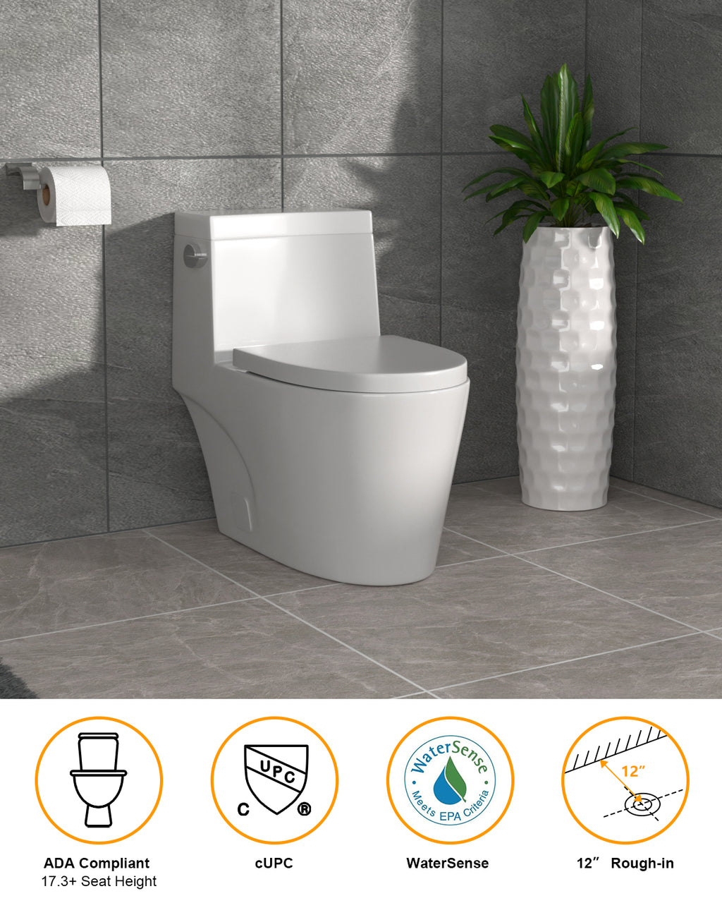 Dcolora One Piece Toilet, 1.28 GPF Efficient Flush, Chair Height Comfort Seat, Modern Design, 12'' Rough-In, Ivory White