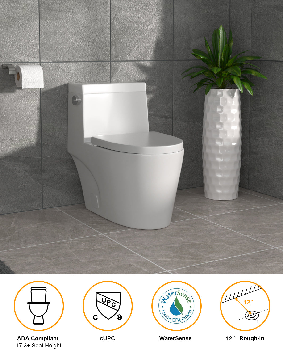 Dcolora One Piece Toilet, 1.28 GPF Efficient Flush, Chair Height Comfort Seat, Modern Design, 12'' Rough-In, Ivory White